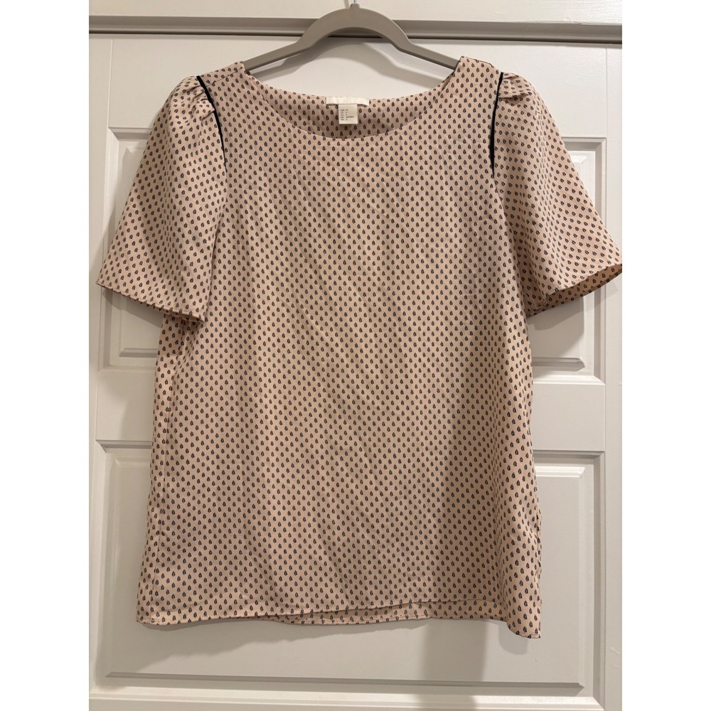HM Pink Leaf Print Short Sleeve Blouse Scoop Neck Puff Shoulder Top Size 4